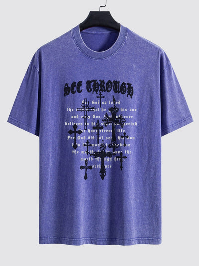 Cross Slogan Print Washed Distressed Drop Shoulder T-Shirt