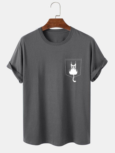 Cat Slipping Out Of Pocket Print T-Shirt