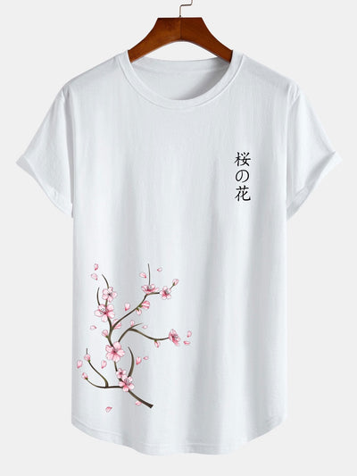 Japanese Cherry Blossoms Print Cotton Arc Hem T-Shirt