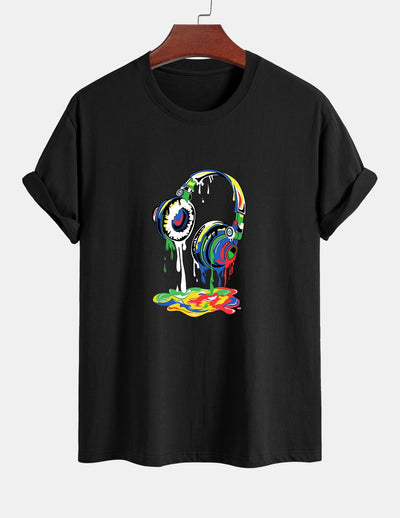 Regular Fit Dissolving Headphones Print Cotton T-Shirt