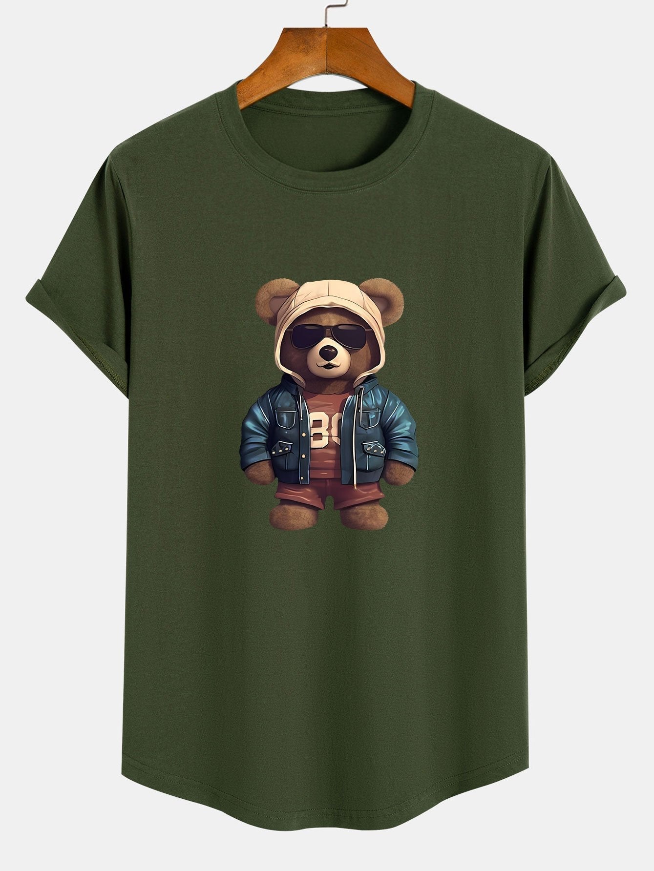 Bear In Leather Jacket Print Cotton Arc Hem T-Shirt