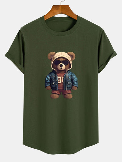 Bear In Leather Jacket Print Cotton Arc Hem T-Shirt