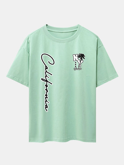 New York California Palm Tree Print Drop Shoulder Oversize T-Shirt