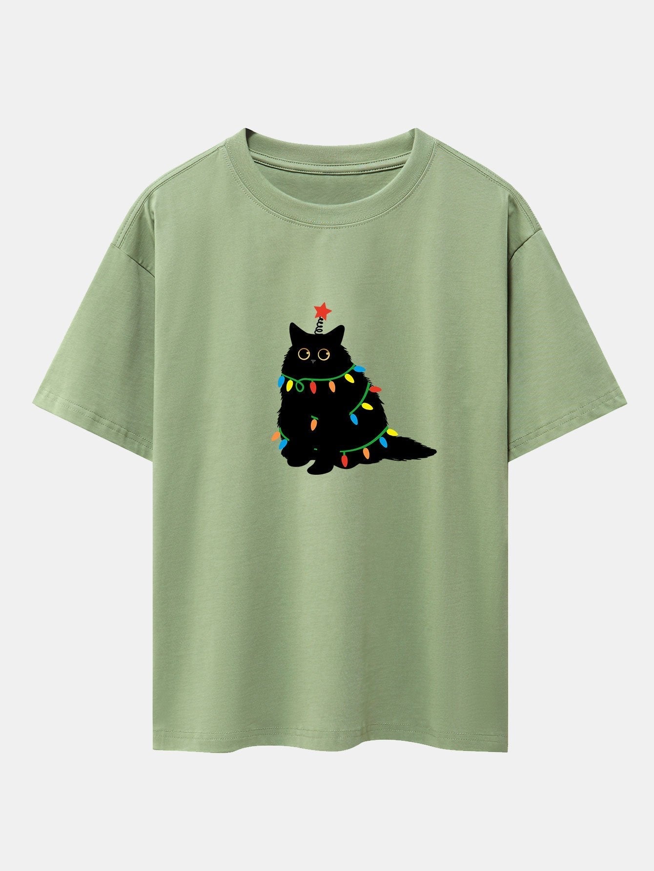 Christmas Lights Black Cat Print Drop Shoulder Oversize T-Shirt