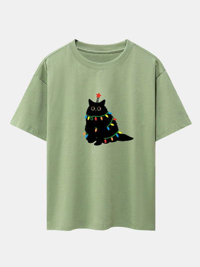 Christmas Lights Black Cat Print Drop Shoulder Oversize T-Shirt
