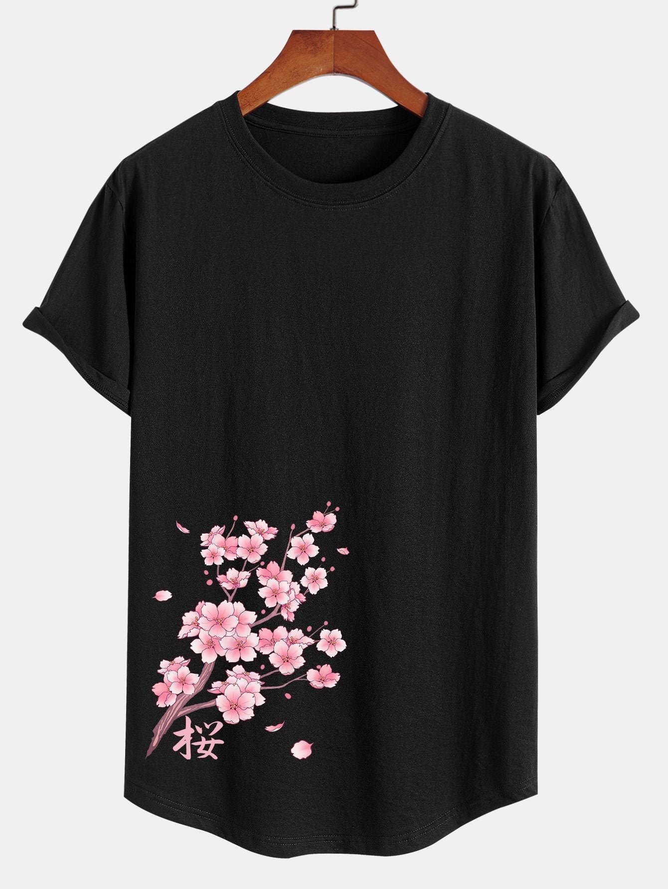 Cherry Blossoms Sakura Print Cotton Arc Hem T-Shirt