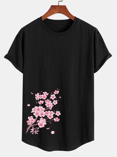 Cherry Blossoms Sakura Print Cotton Arc Hem T-Shirt