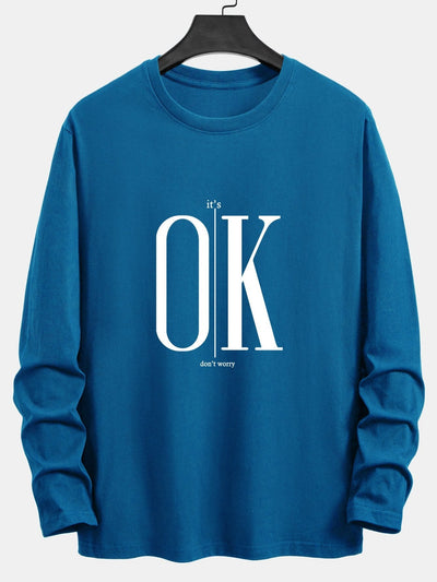 Long Sleeve OK Slogan Print Cotton T-Shirt