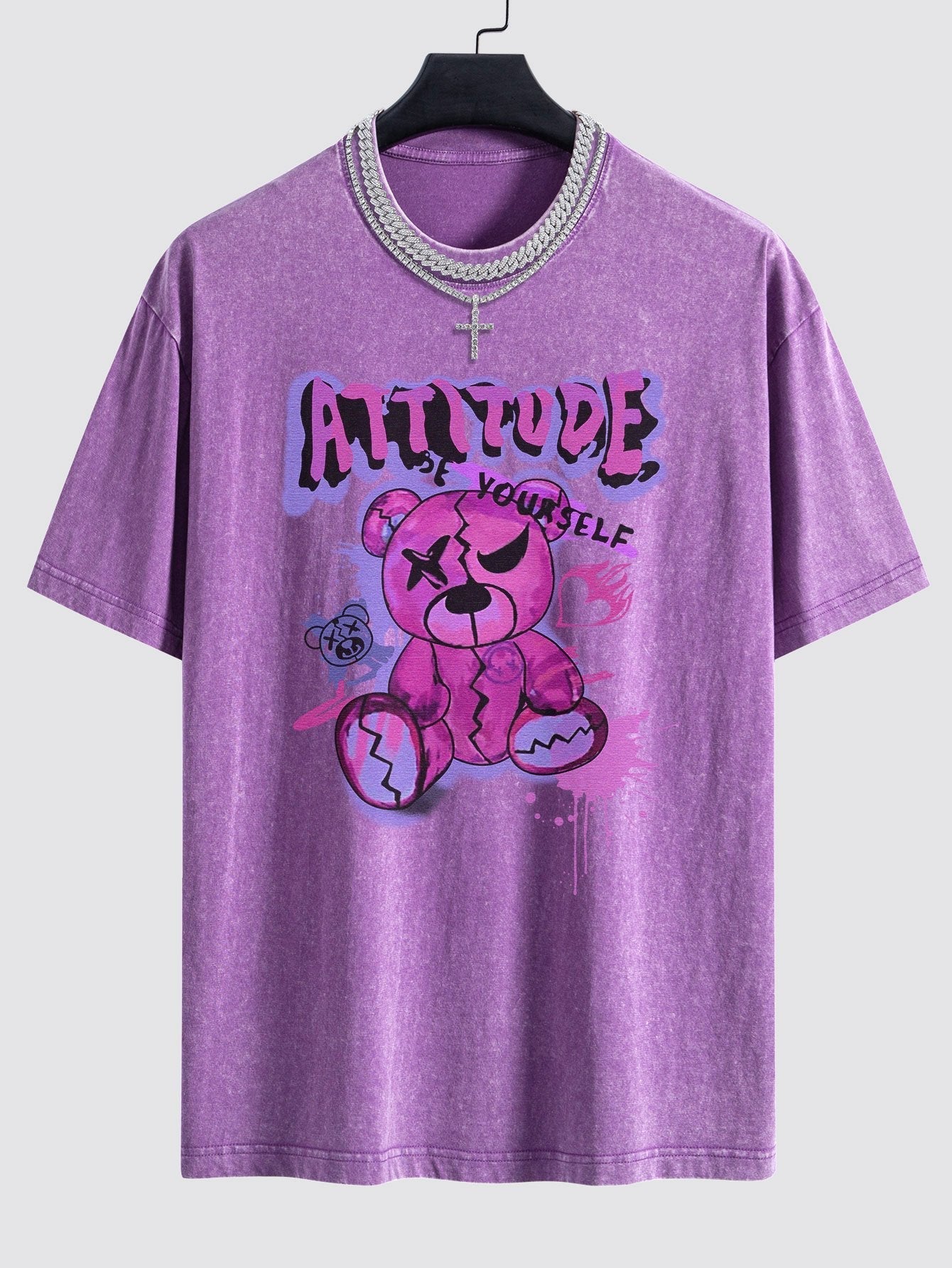 Slogan Violent Bear Print Washed Drop Shoulder Oversize T-Shirt