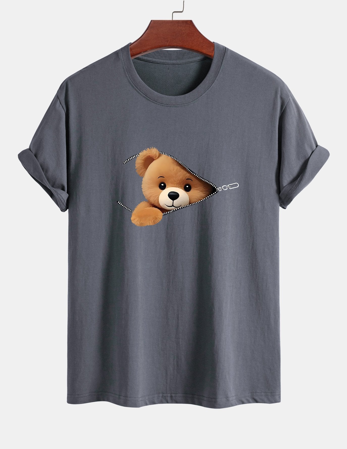 Regular Fit Zipper Bear Print Cotton T-Shirt