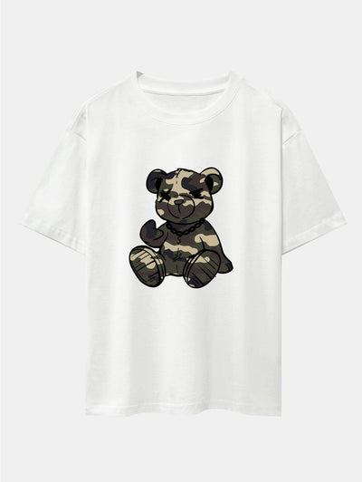 Camouflage Bear Print Drop Shoulder Oversize T-Shirt