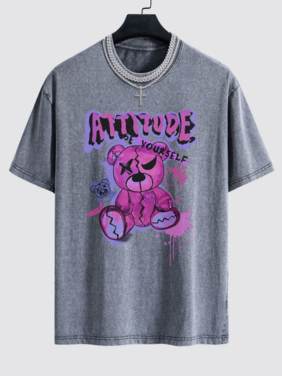 Slogan Violent Bear Print Washed Drop Shoulder Oversize T-Shirt