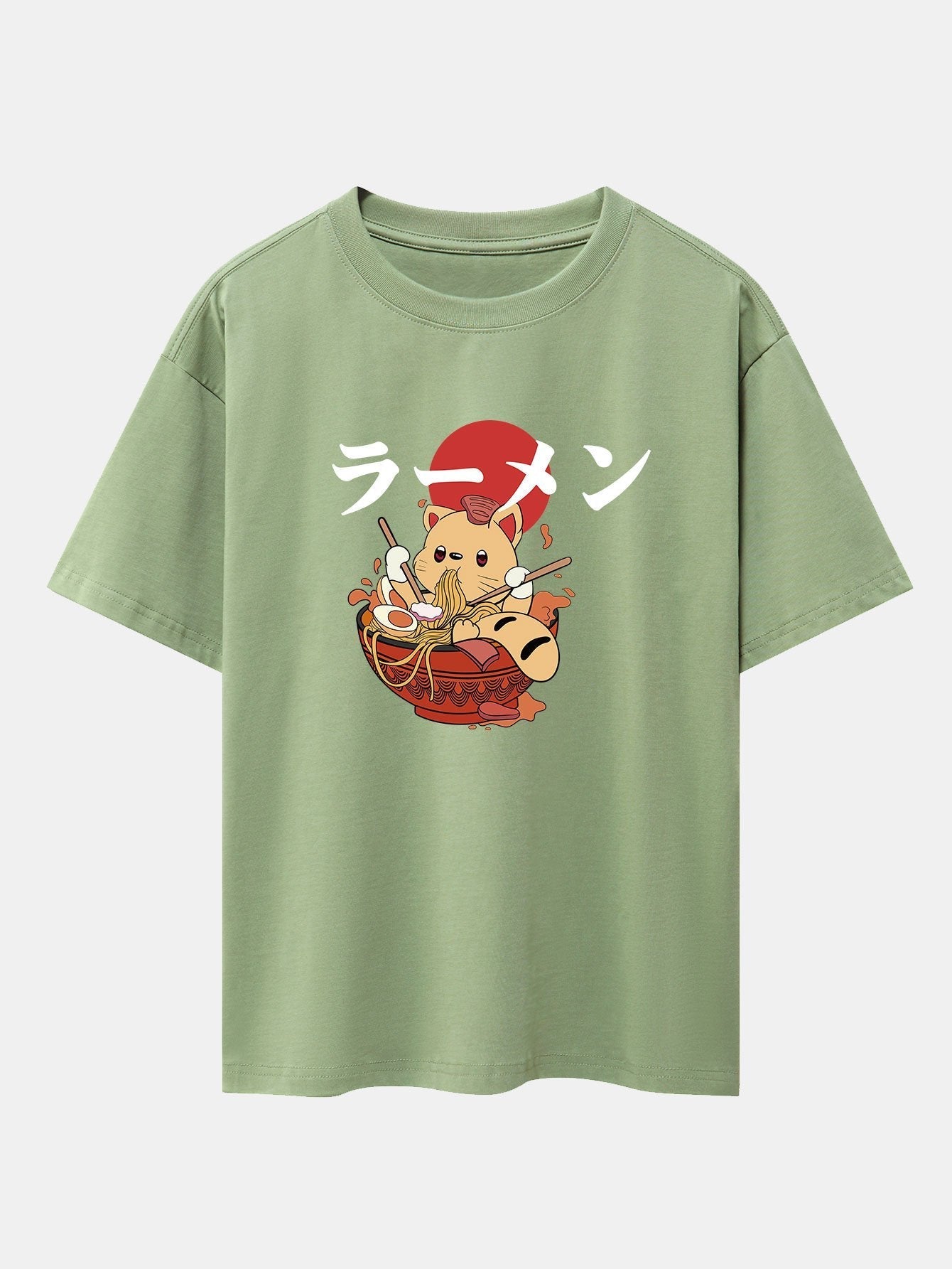 Ramen Cat Print Drop Shoulder Oversize T-Shirt