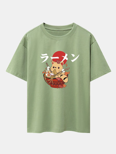 Ramen Cat Print Drop Shoulder Oversize T-Shirt