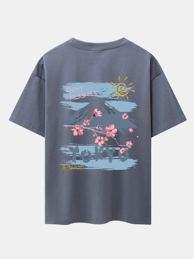 Mountain Cherry Blossoms Back Print Oversize T-Shirt