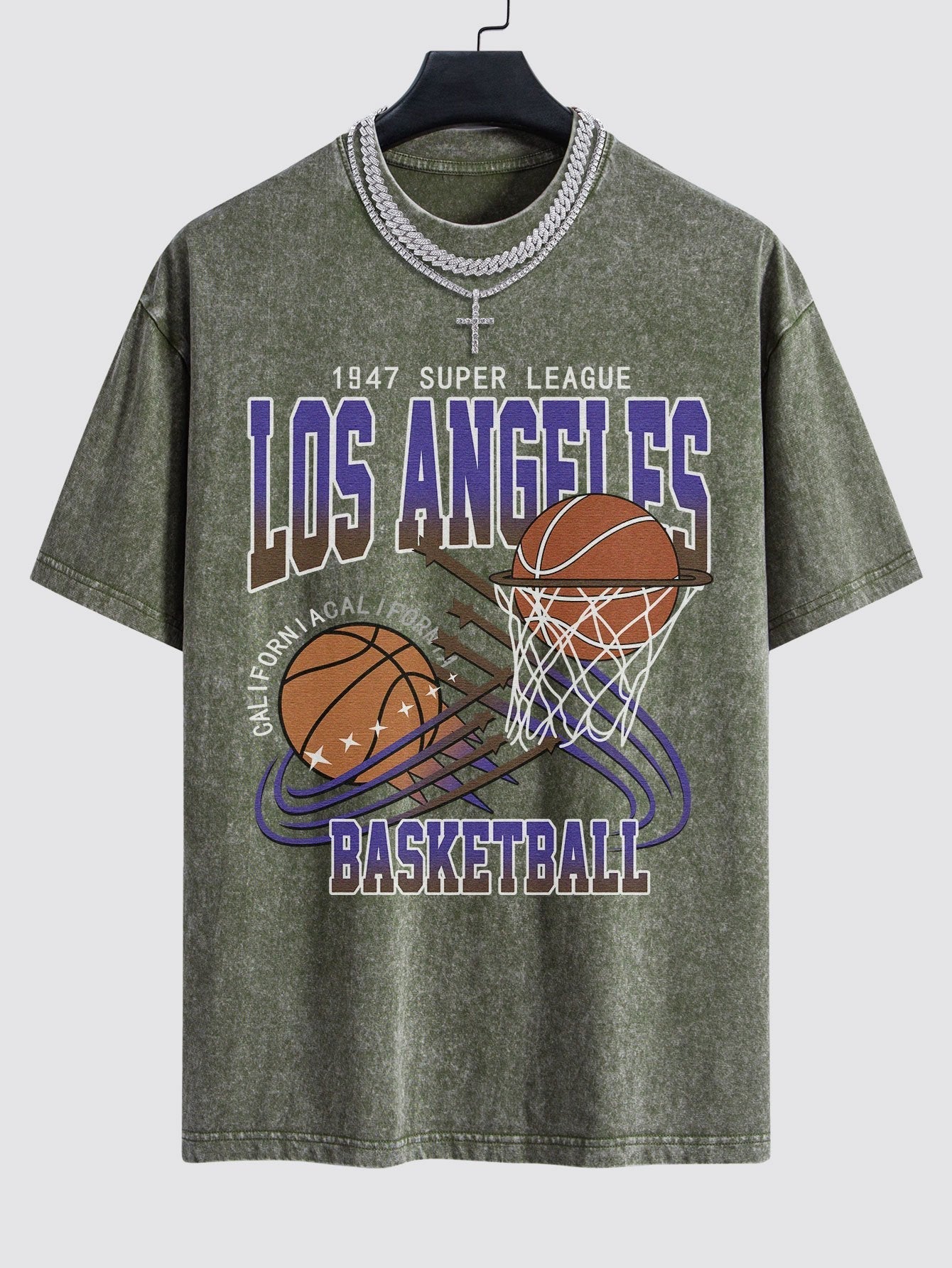Los Angeles Basketball Print Washed Drop Shoulder Oversize T-Shirt