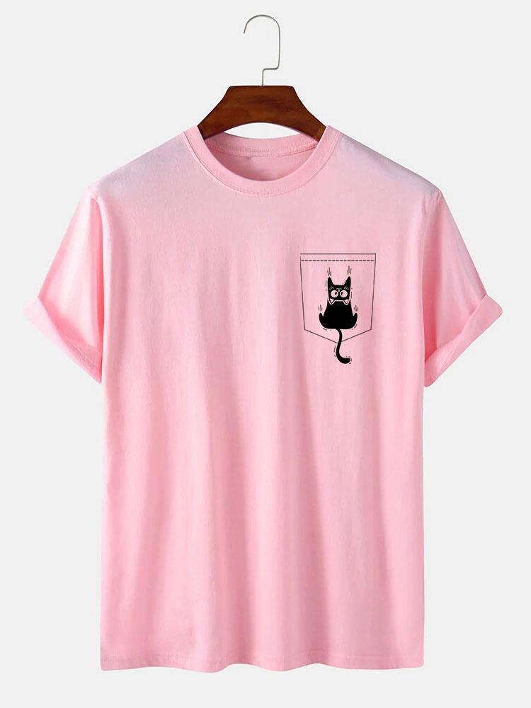 Cat Slipping Out Of Pocket Print T-Shirt