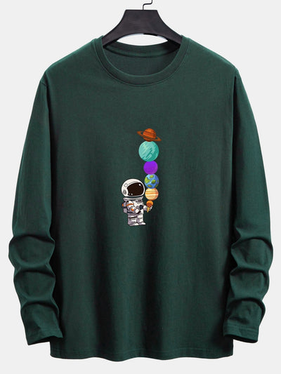 Long Sleeve Planet Astronaut Print Cotton T-Shirt
