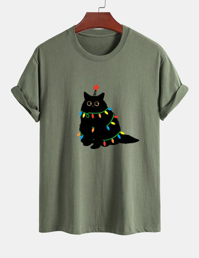 Regular Fit Colorful Light Black Cat Print Cotton T-Shirt