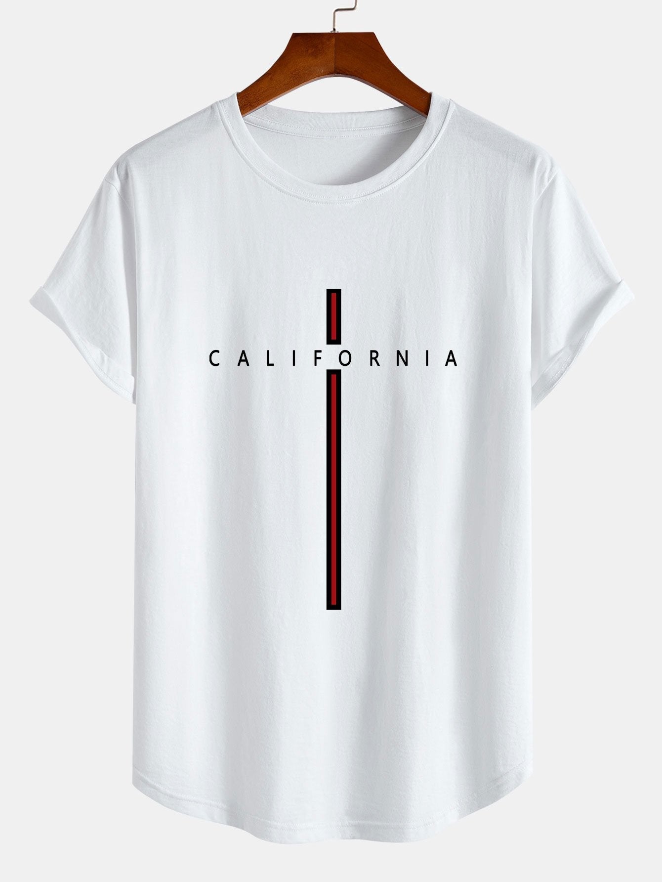 California Stripe Print Cotton Arc Hem T-Shirt