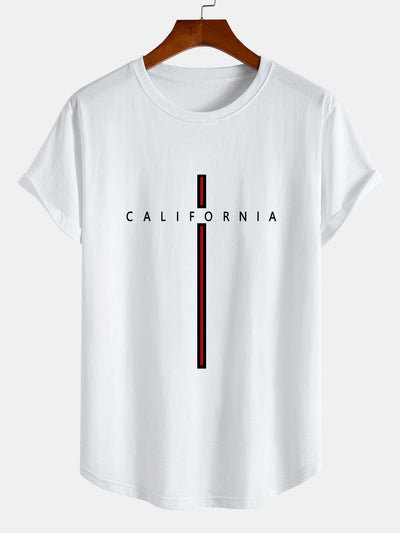 California Stripe Print Cotton Arc Hem T-Shirt