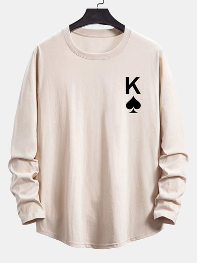 Long Sleeve Spade K Print Cotton Arc Hem T-Shirt