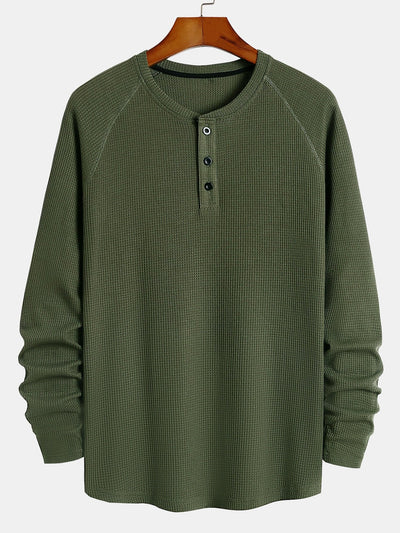 3 Pieces Long Sleeve Arc Hem Waffle Henley Shirt