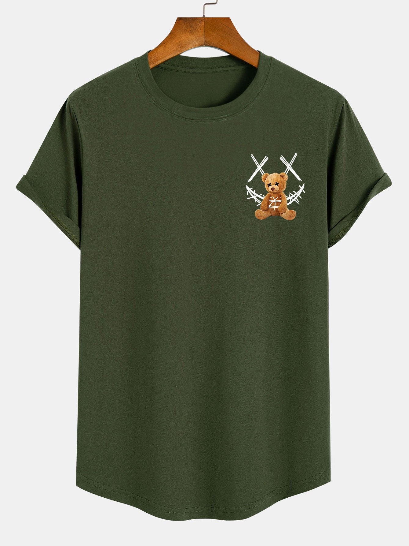 Smiley Bear Print Cotton Arc Hem T-Shirt