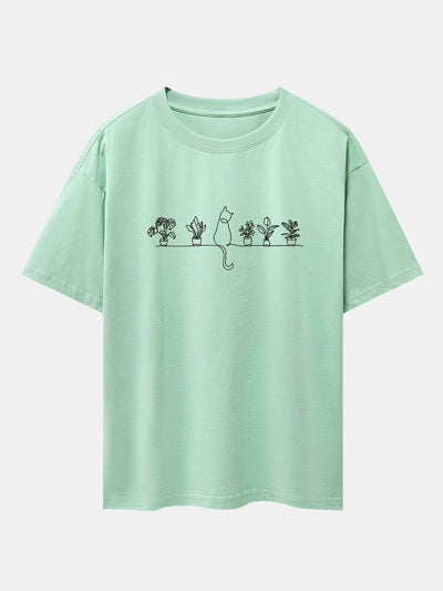 Cat Potted Plant Print Drop Shoulder Oversize T-Shirt