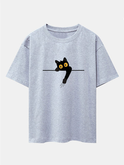 Black Cat Print Drop Shoulder Oversize T-Shirt