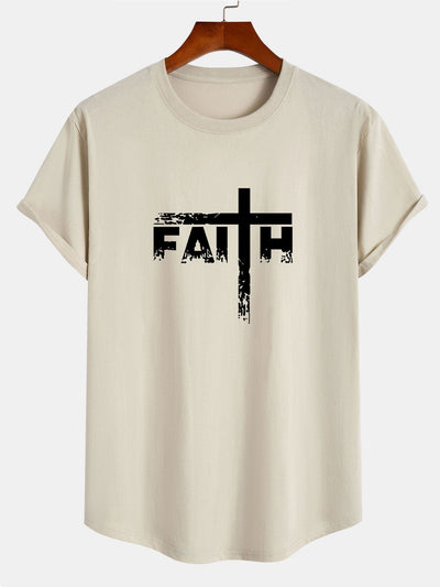 Faith Cross Print Cotton Arc Hem T-Shirt