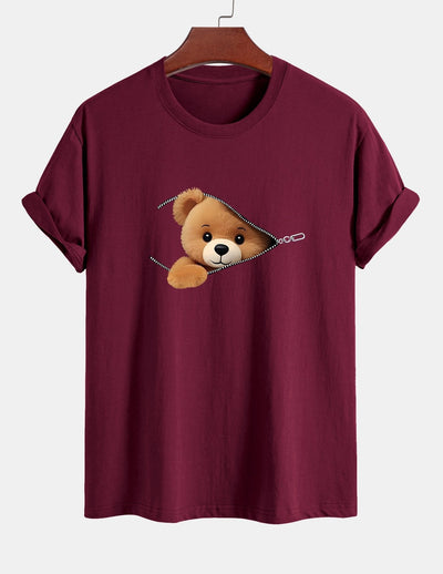 Regular Fit Zipper Bear Print Cotton T-Shirt