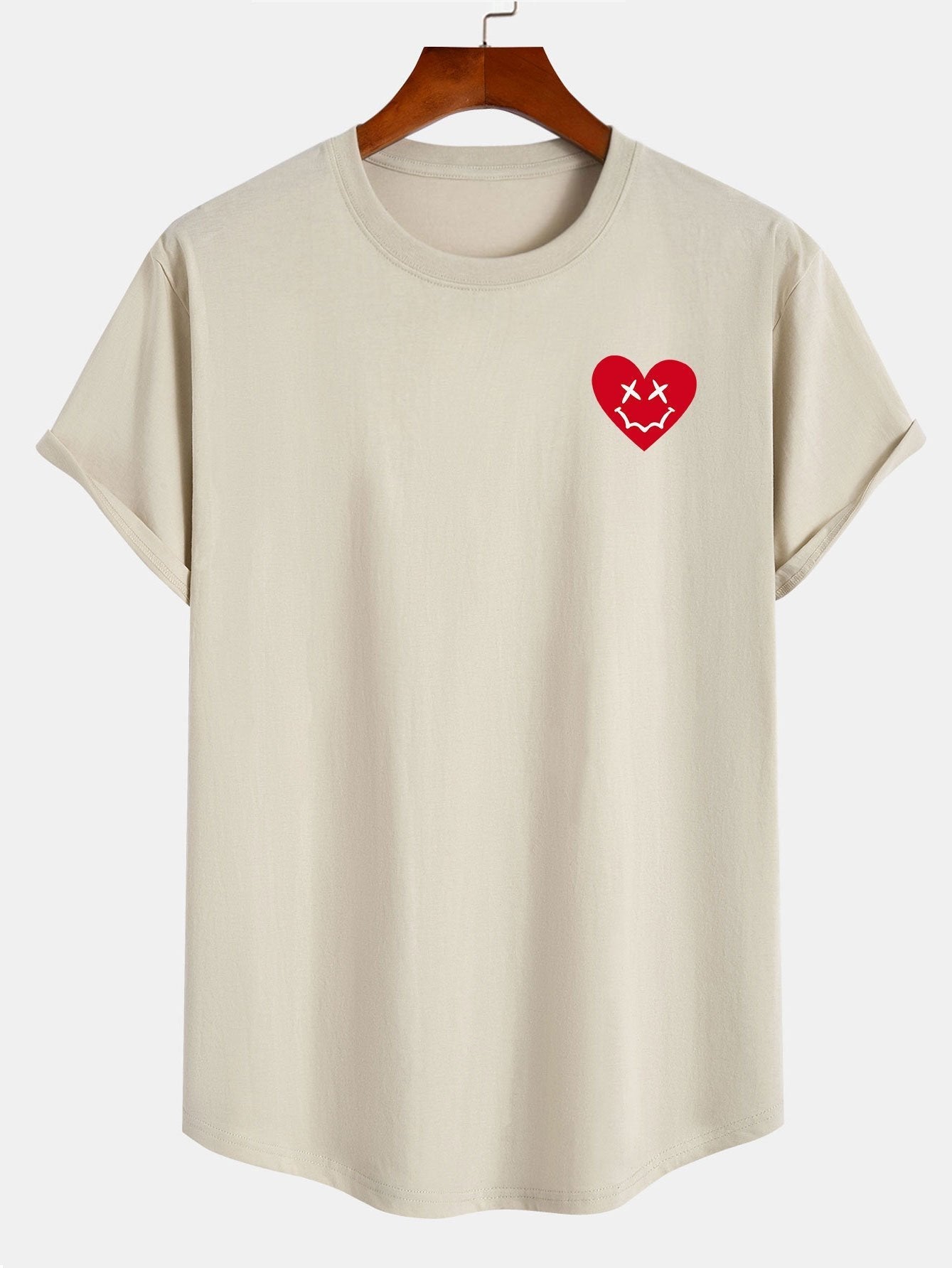 Heart Smiley Face Print Cotton Arc Hem T-Shirt