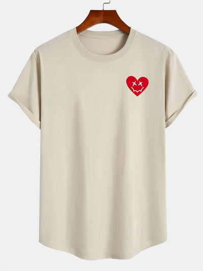 Heart Smiley Face Print Cotton Arc Hem T-Shirt
