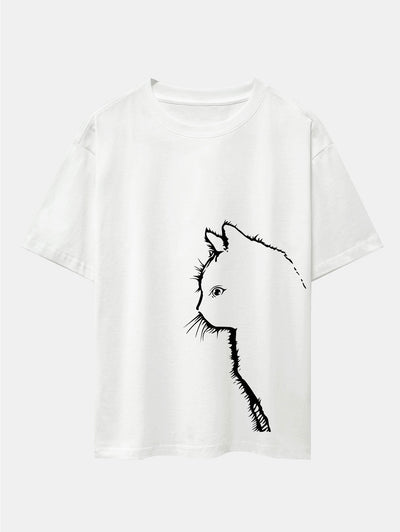 Cat Silhouette Print Drop Shoulder Oversize T-Shirt