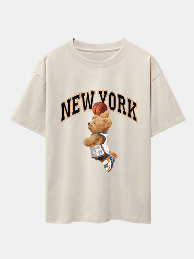 New York Basketball Bear Print Drop Shoulder Oversize T-Shirt