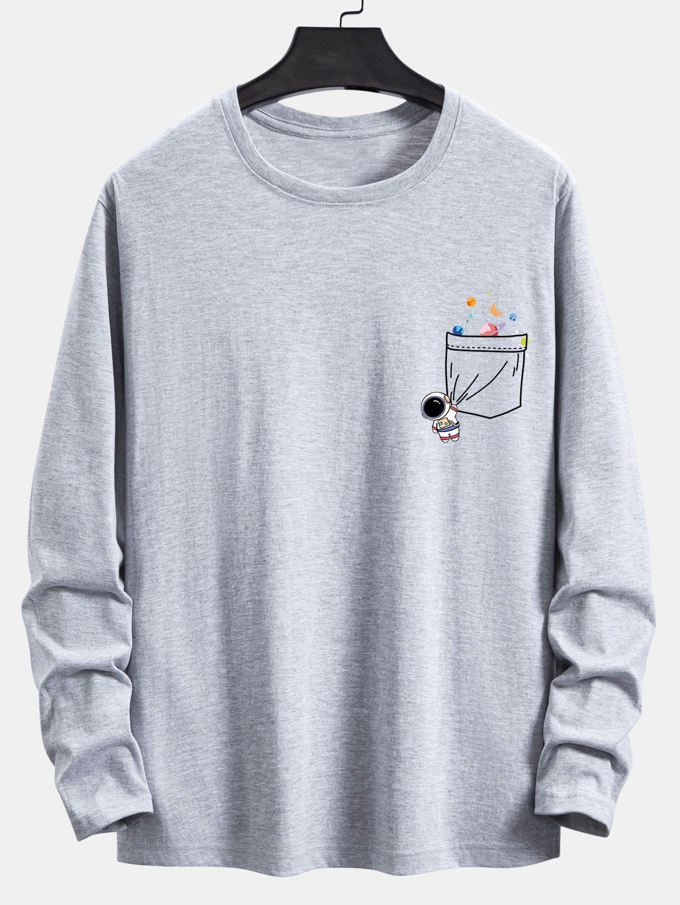 Long Sleeve Pocket Planet Astronaut Print Cotton T-Shirt