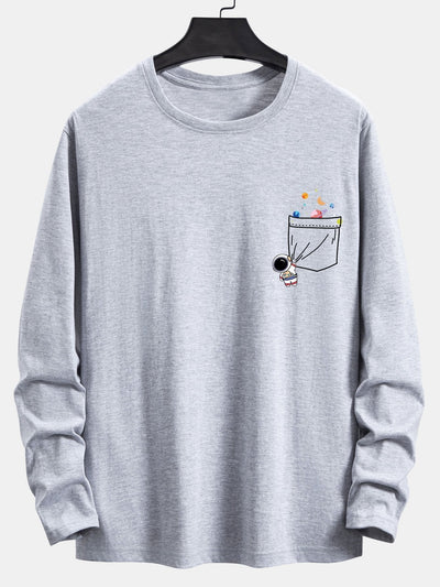 Long Sleeve Pocket Planet Astronaut Print Cotton T-Shirt