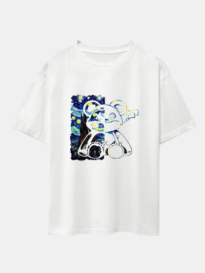 Starry Sky Bear Print Drop Shoulder Oversize T-Shirt