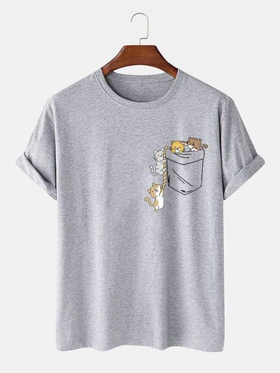 Cute Pocket Cat Print T-Shirt