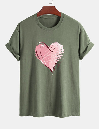 Regular Fit Doodle Heart Print Cotton T-Shirt