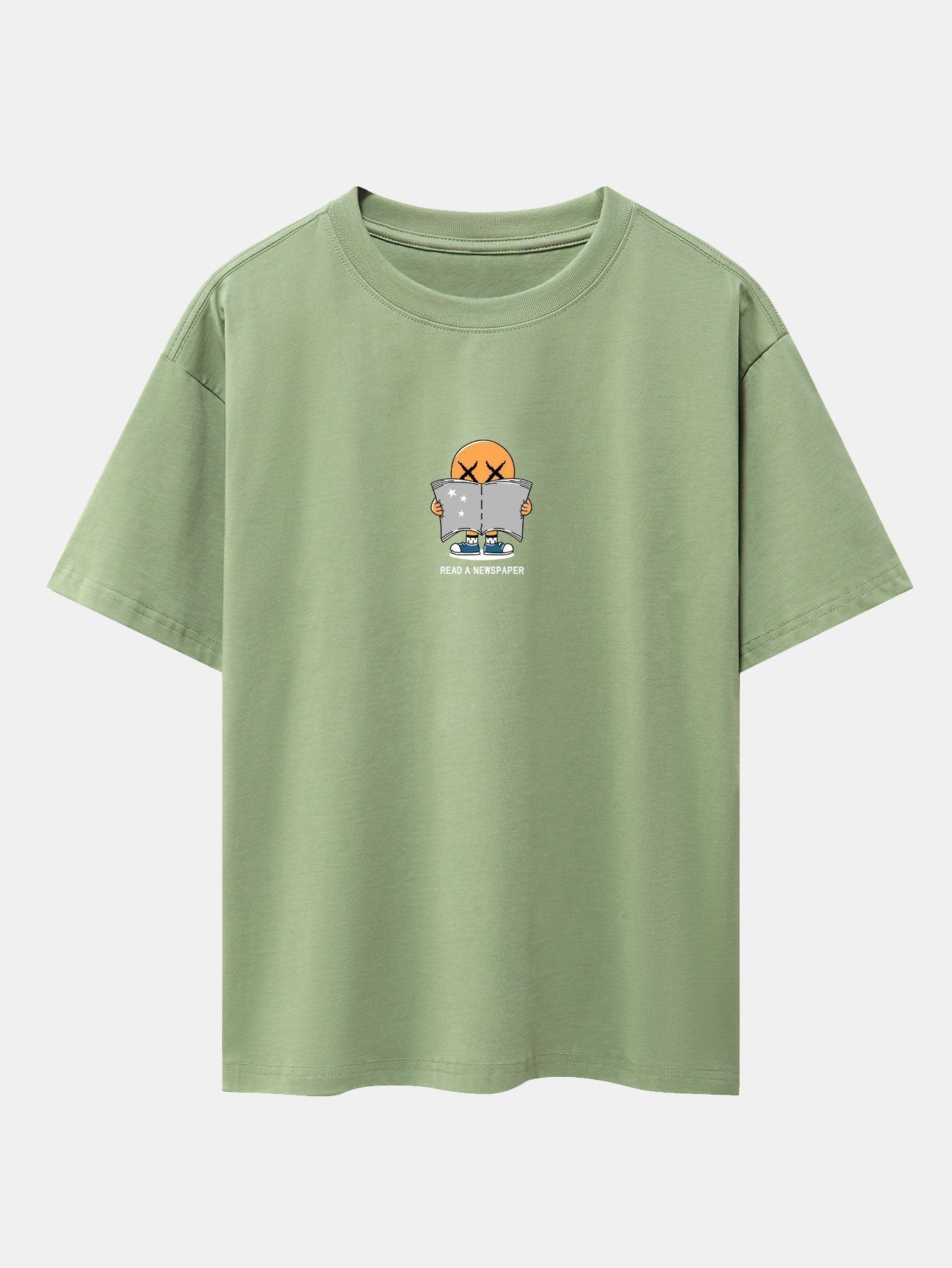 Cartoon Smiley Read Newspaper Print Drop Shoulder Oversize T-Shirt