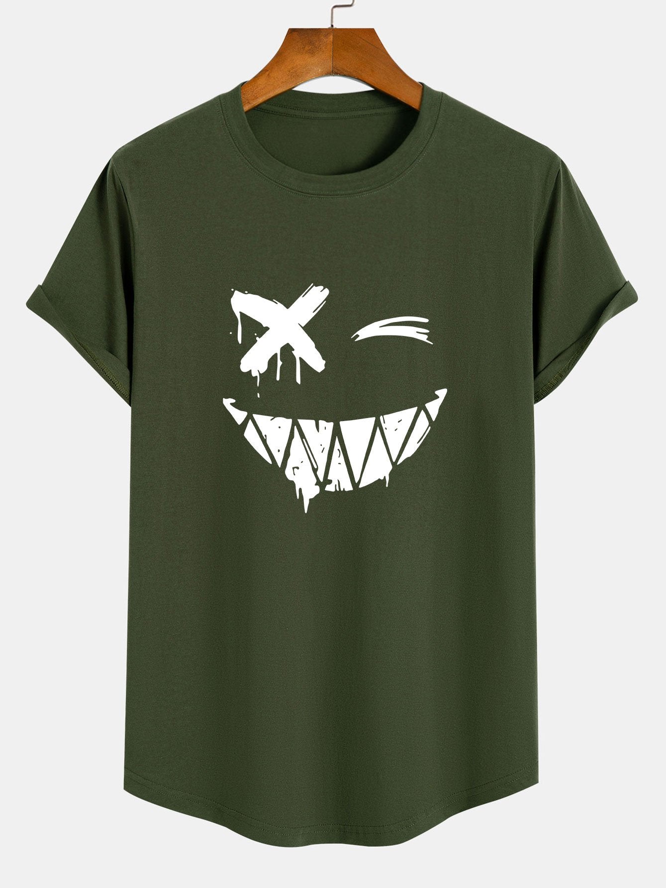 Smiley Face Print Cotton Arc Hem T-Shirt