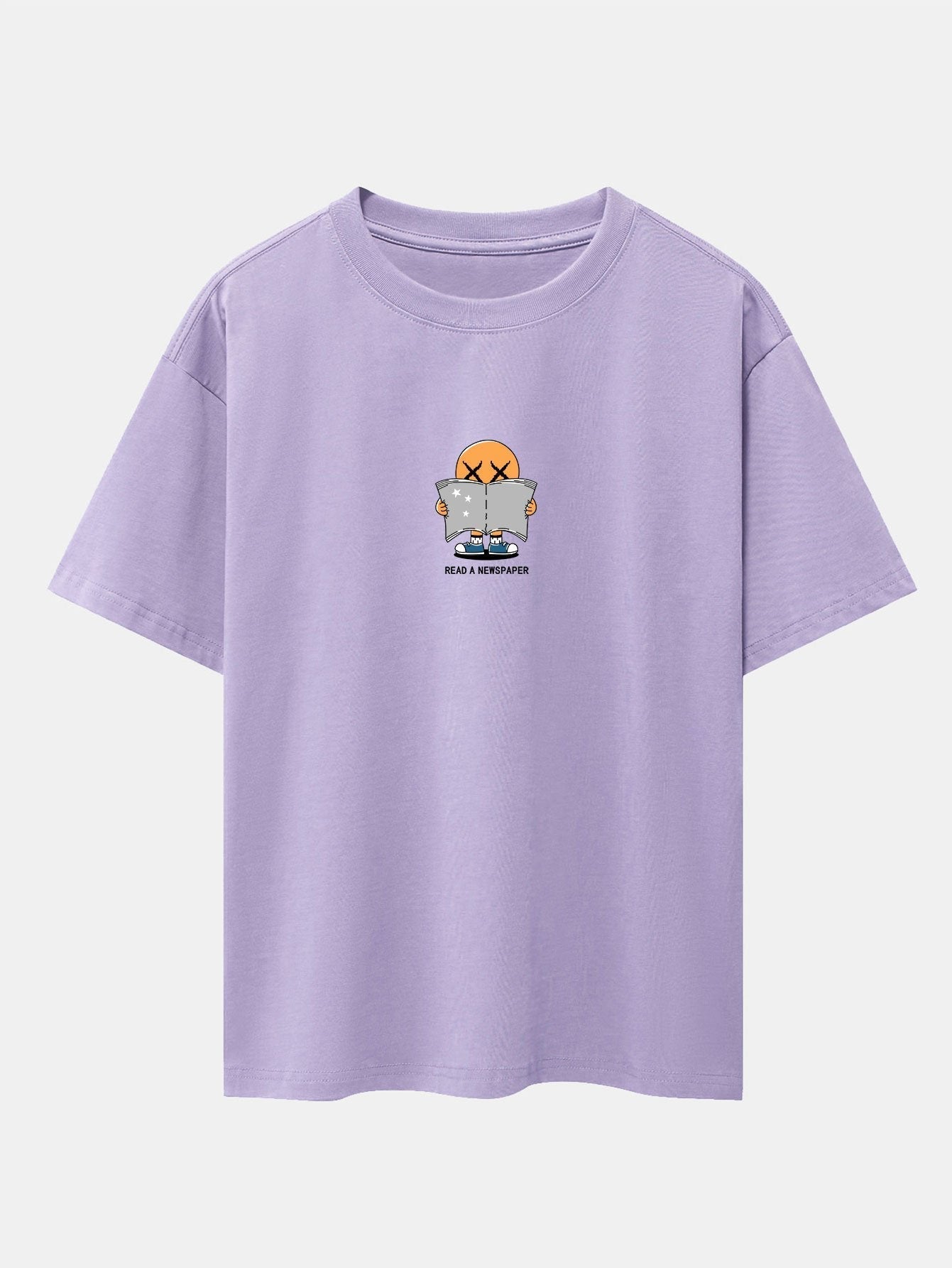 Cartoon Smiley Read Newspaper Print Drop Shoulder Oversize T-Shirt