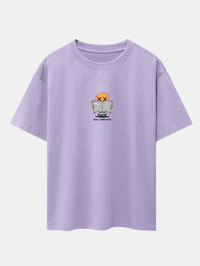 Cartoon Smiley Read Newspaper Print Drop Shoulder Oversize T-Shirt