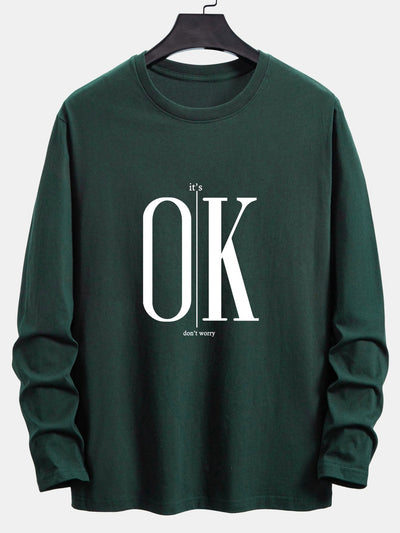 Long Sleeve OK Slogan Print Cotton T-Shirt