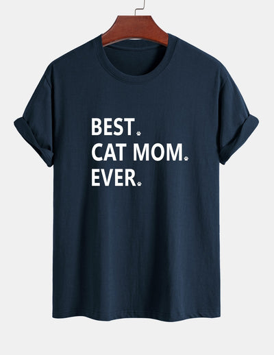 Regular Fit Best Cat Mom Ever Print Cotton T-Shirt