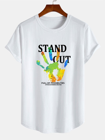 Handprint Slogan Print Cotton Arc Hem T-Shirt