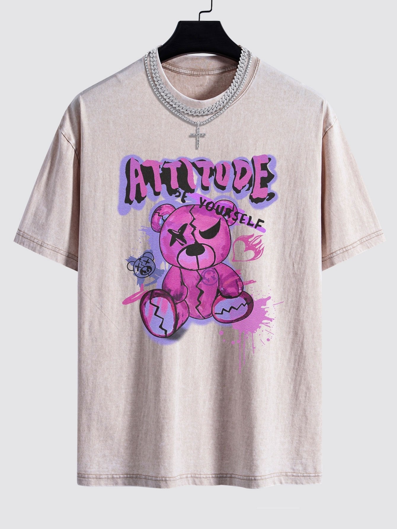 Slogan Violent Bear Print Washed Drop Shoulder Oversize T-Shirt