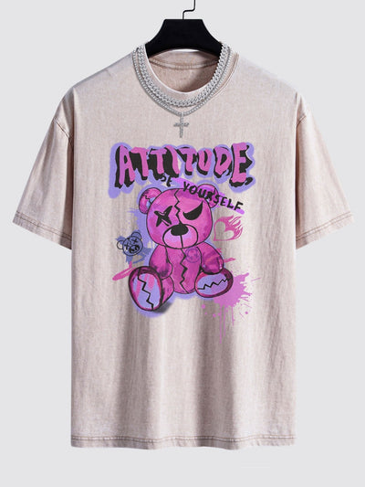 Slogan Violent Bear Print Washed Drop Shoulder Oversize T-Shirt